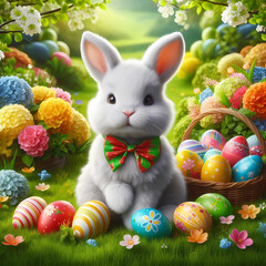 Happy easter eggs collection, Cute brown rabbit bunny with basket. High quality photo
