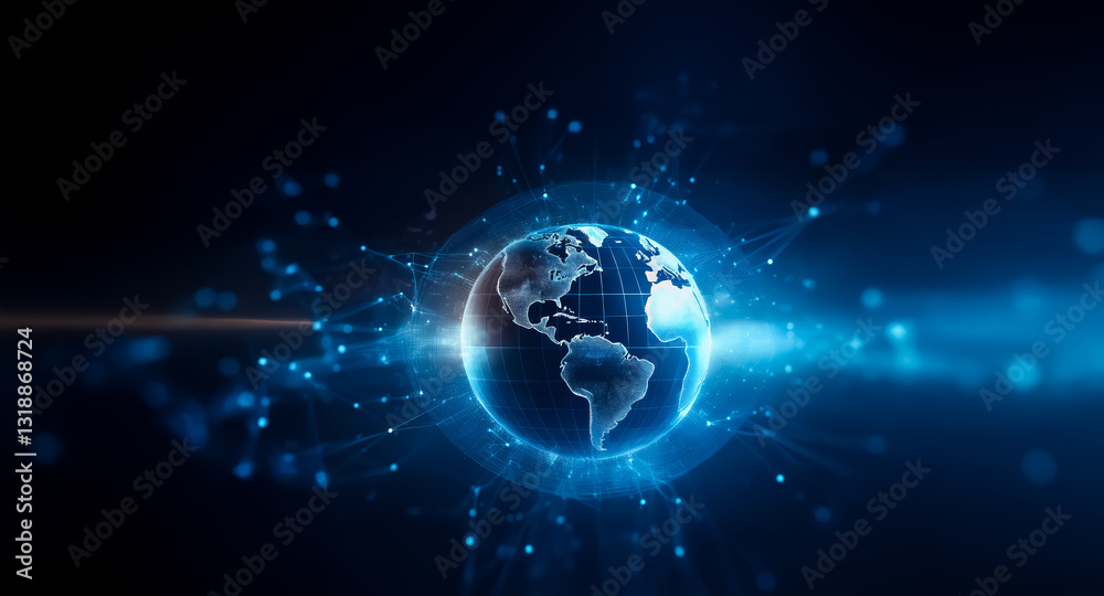 Poster a glowing earth in blue hues is encircled by a network of light points and lines, depicting global c
