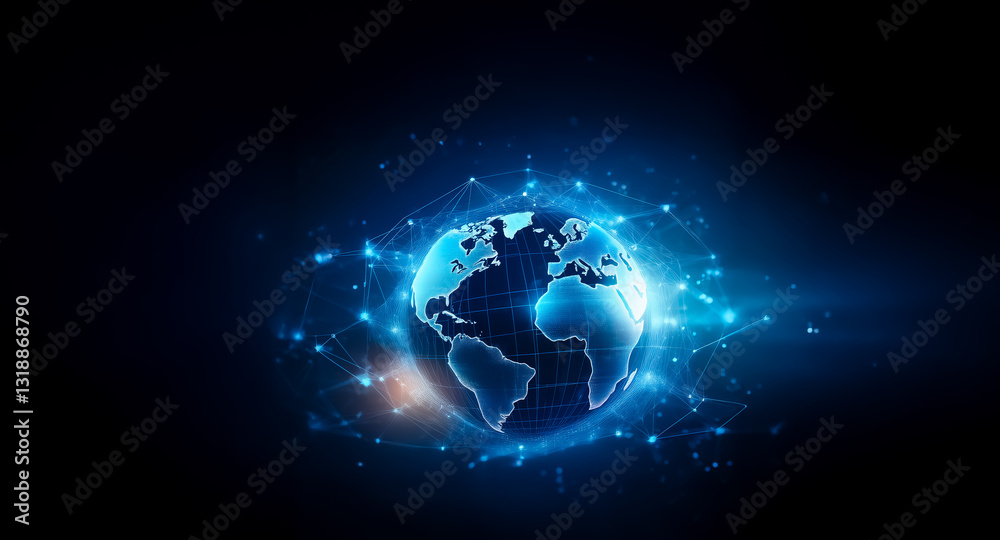 Aufkleber A glowing digital globe centered on a dark background, surrounded by a network of interconnected lines and bright dots, suggesting global connectivity and technology.