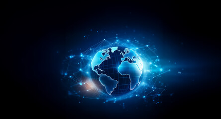 Fototapeta premium A glowing digital globe centered on a dark background, surrounded by a network of interconnected lines and bright dots, suggesting global connectivity and technology.