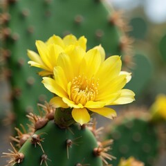 Bright yellow flowers blooming on Opuntia Macdougaliana cactus stem, plant, bloom, macdougaliana