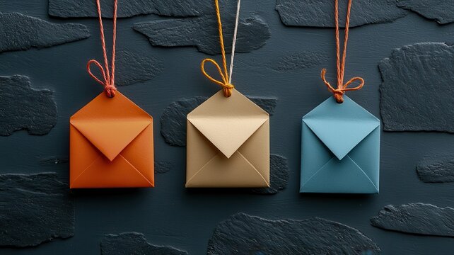 Colorful envelopes tied with strings hang against a dark stone backdrop, creating a striking visual contrast and a sense of creativity.