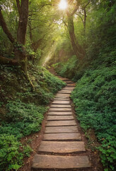 Generative AI Enchanted Forest Path to Sunlight forest path wooden steps greenery trees sunlight foliage trail woodland peace adventure tranquility escape nature  - Unlock your creativity.