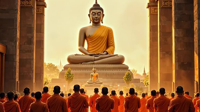 Group of monks are standing in front of a large statue of Buddha. The scene is peaceful and serene, with the monks dressed in orange robes