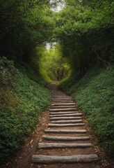 Fototapeta premium Generative AI Forest path staircase, nature's upward journey forest path stairs wooden nature green foliage trees tunnel landscape journey tranquility escape growth adventure