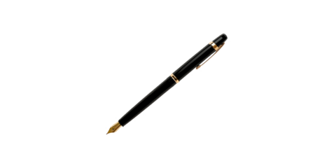Elegant black fountain pen with gold nib and clip isolated on transparent background