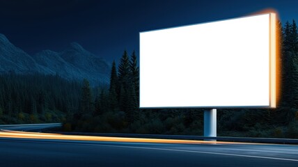 Obraz premium Consumer behavior and data concept. A blank billboard stands beside a road at night, illuminated by nearby lights, surrounded by trees and mountains.