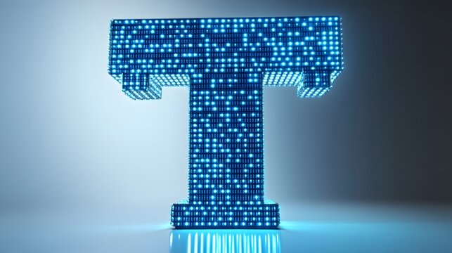 Illuminated T of Technology: The letter T glows with futuristic essence. It composed of a grid of radiant, luminous pixels, it embodies the spirit of technological advancement and digital innovation.