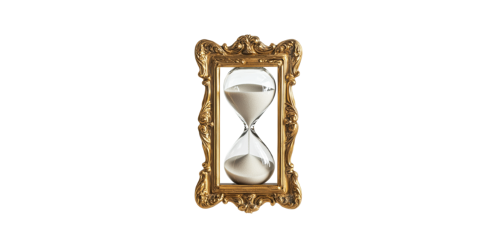 Antique golden hourglass in ornate frame isolated on transparent background