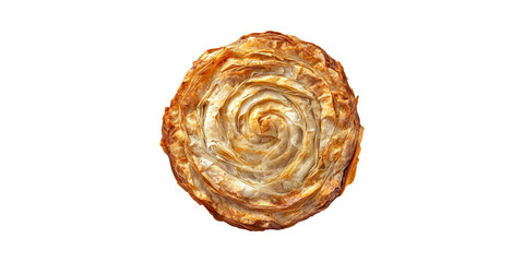 Round spiral baked pastry with crispy layers isolated on transparent background