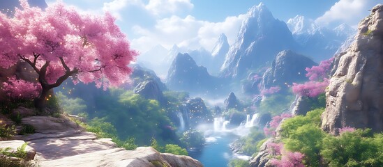 Enchanting Mountain Landscape with Pink Blossom Tree and Waterfalls
