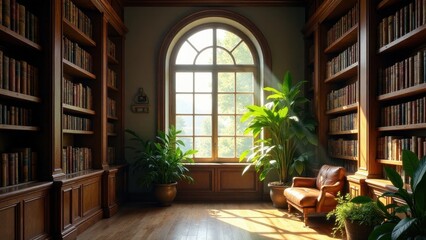 Serene library interior with sunlight streaming through an arched window, illuminating antique bookshelves and a comfortable armchair.