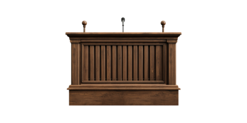 Wooden podium with microphone and decorative details isolated on transparent background