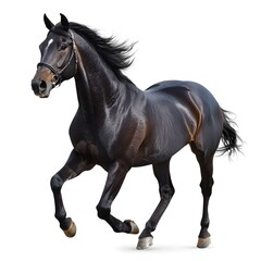 Fototapeta premium Galloping Majesty: A stunning black horse in full stride, its sleek coat gleaming, mane flowing, and muscles powerfully defined. Capturing dynamic motion and raw equine beauty.