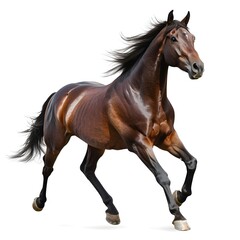 Obraz premium Galloping Horse: A powerful brown horse strides forward in full gallop, capturing the essence of speed, freedom, and equine grace. The flowing mane and tail add dynamic motion to the image.