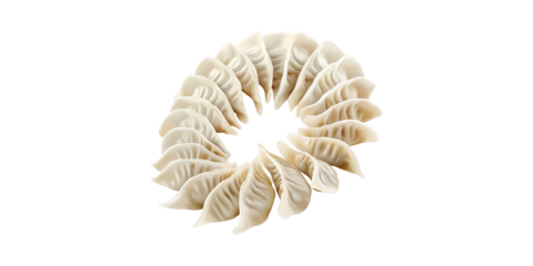 Circular arrangement of asian dumplings in spiral shape isolated on transparent background