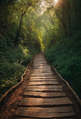 Obraz premium Generative AI Enchanted Forest Wooden Path Sunlight Adventure forest pathway wooden path trees foliage green sunlight nature trail wood tranquility escape adventure journey peace