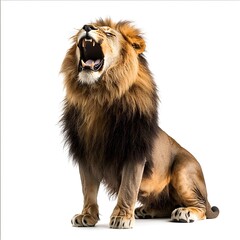 Obraz premium Roaring Lion Portrait: A majestic male lion with a magnificent mane roars with powerful energy, showcasing his impressive teeth in a striking studio portrait.