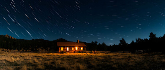 Fototapeta premium Night cabin starscape, mountain field