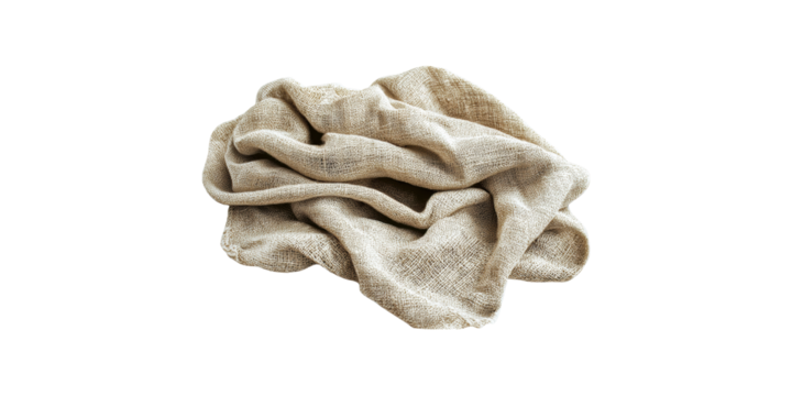 Crumpled beige linen fabric isolated on transparent background