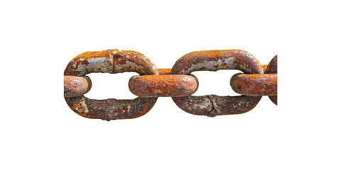 Fototapeta premium Rusty iron chain links connected and corroded over time isolated on transparent background