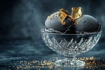 black vanilla ice cream topped