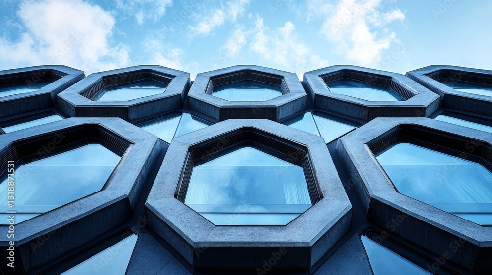 Poster unique building design showcases hexagonal windows against a backdrop of fluffy white clouds and a b