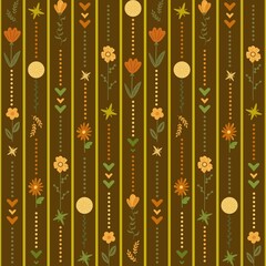 Fototapeta premium A floral pattern featuring vertical brown and olive green stripes, adorned with motifs of orange and yellow flowers, leaves, and simple geometric shapes like dots and hearts. 