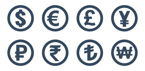 dollar, euro, pound, yen, yuan, rubble, rupee, lira, won, currency coin icons set