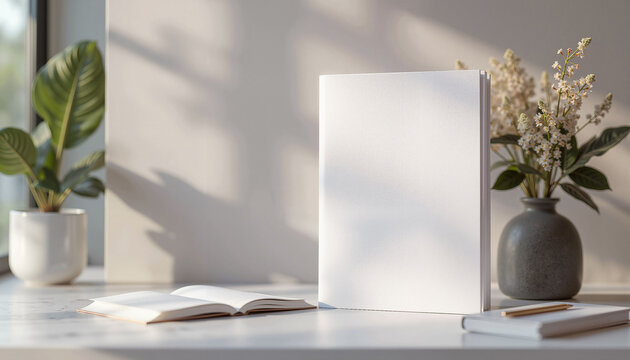 Modern business folder mockup on desk with plants, minimalist design