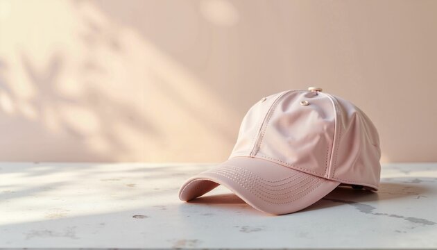 Elegant cap mockup on textured surface with soft lighting, branding potential