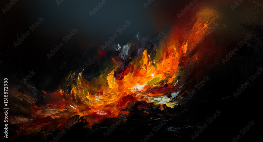 Poster abstract painting features vibrant, fiery colors erupting against a dark backdrop. orange, yellow, a