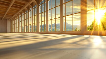 Fototapeta premium Empty hall, sunset view, arched windows