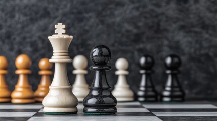 A close-up of a chessboard featuring a white king and a black pawn, surrounded by other pieces, creating an intense strategic atmosphere.