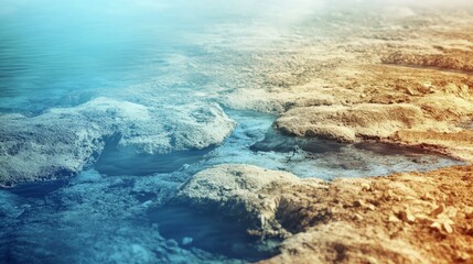 Ancient glacier with embedded fossils, glowing light symbolizing evolution, Earth landscape in soft focus.
