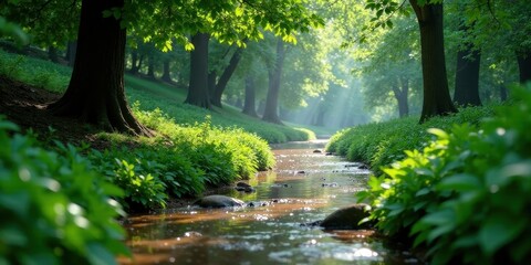 Obraz premium Serene Stream Meandering Through Lush Green Forest Canopy, Sunlight Dappling the Water's Surface, Creating a Peaceful and Tranquil Atmosphere