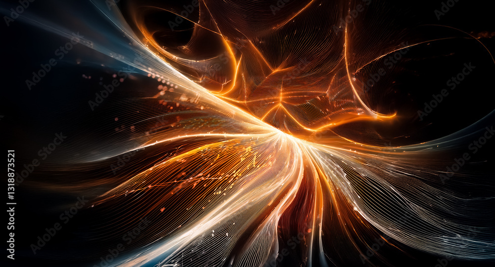 Poster abstract image featuring dynamic swirling lines of orange and blue hues against a dark backdrop. sug