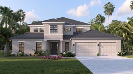 Modern Two Story Gray Stucco House with Two Car Garage