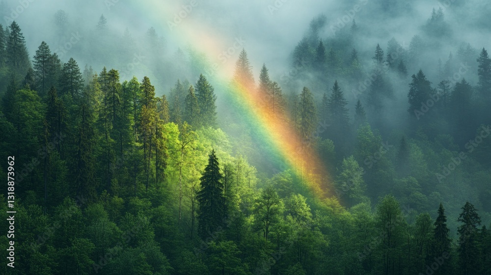 Poster a breathtaking display of nature unfolds as a vibrant rainbow stretches across a dense forest, illum