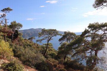 Obraz premium Aegean Sea and costal view near the Dead Sea (Olu Deniz) in Fethiye, Mugla, Turkey.