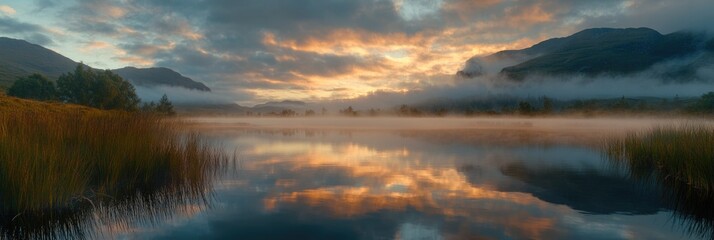 Peaceful scene of sunset over a calm lake surrounded by mountains, with fog gently settling on the water's surface.