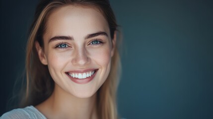 Naklejka premium Warm Smile of a Beautiful Woman in Soft Light, Radiating Joy and Serenity 