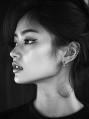 Fototapeta premium Fashion portrait of a woman in neutral expression. She is wearing earrings and other accessories.