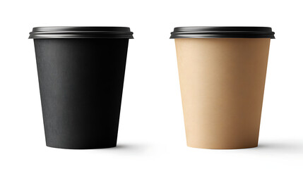 Two sleek disposable coffee cups ready for your morning brew, one in classic black, the other in a natural kraft brown against white background.
