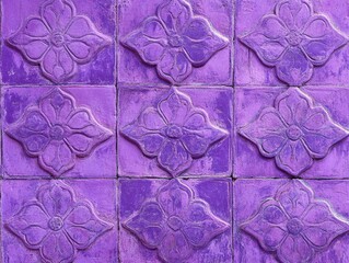 Six square purple tiles with intricate floral designs, each adorned with a single white flower, offering an artistic wall decoration.