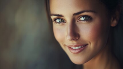 Obraz premium Warm Smile of a Beautiful Woman in Soft Light, Radiating Joy and Serenity 