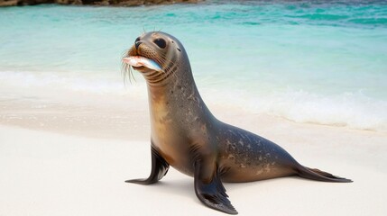 Naklejka premium Australian Sea Lion Pup on Sandy Beach with Fish
