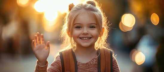 A cheerful schoolgirl waves goodbye on her way to school, perfect for back-to-school promotions, educational materials, or childhood memories.