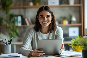 Fototapeta premium Smiling woman using tablet in home office