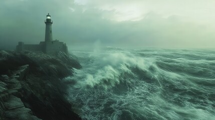 Fototapeta premium Lighthouse Stands Strong Against Tempestuous Ocean Waves
